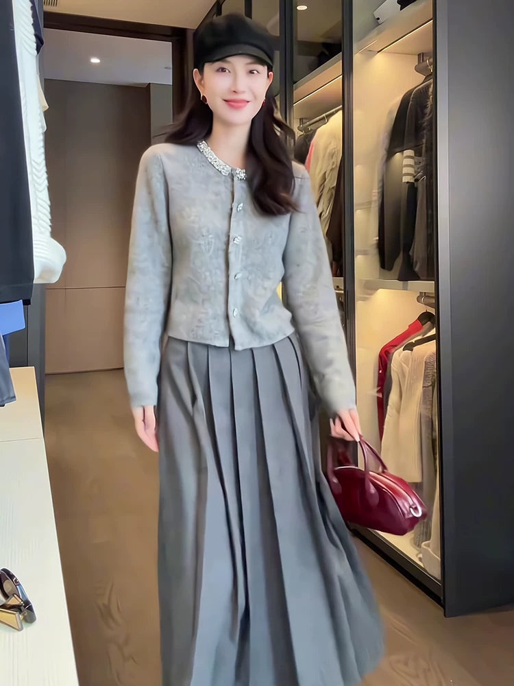 Women's Grey Tweed-Style Knit Cardigan Open-Front Sweater for Office Outfits Fall Work and Weekend Spring Everyday