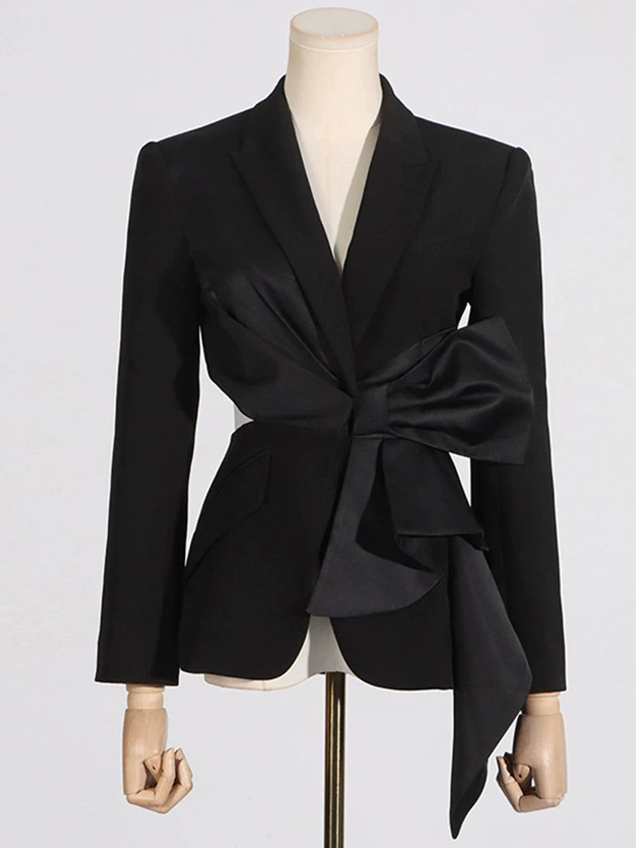 Women's Black Open-back Bow Slim-fit Blazer Office Workwear Jacket Interview Slimming