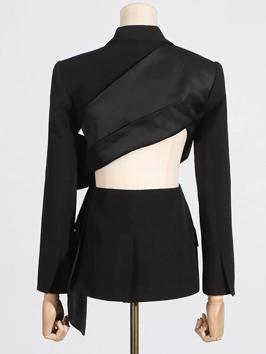 Women's Black Open-back Bow Slim-fit Blazer Office Workwear Jacket Interview Slimming