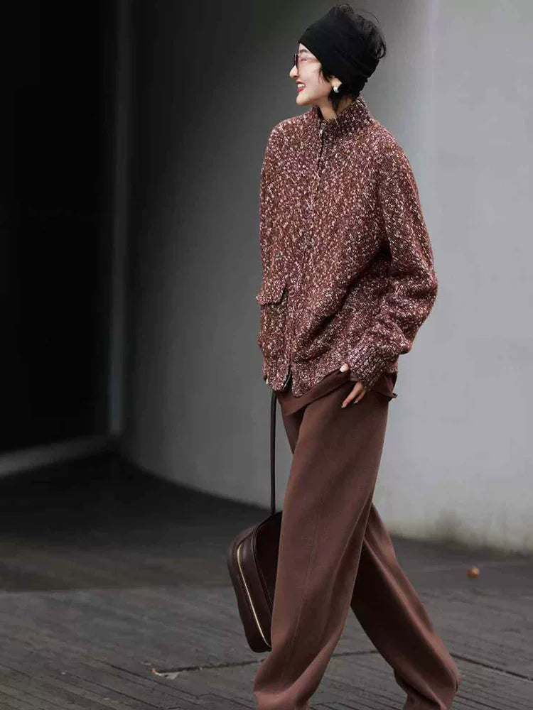 Women's Winter Fleece-Lined Brown-Tone Casual Top Fashion Blouse Shirt for Office Outfits Business Streetwear Weekend Everyday