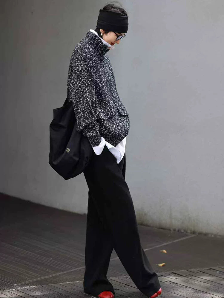Women's Winter Straight Black Grey Knit Workwear Fleece-Lined Casual Crop Suit Set Matching for Date Night Travel Party Weekend Everyday
