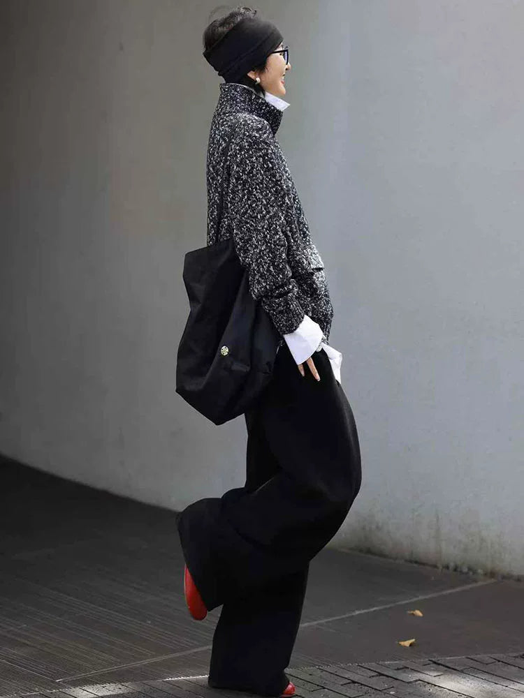 Women's Winter Straight Black Grey Knit Workwear Fleece-Lined Casual Crop Suit Set Matching for Date Night Travel Party Weekend Everyday