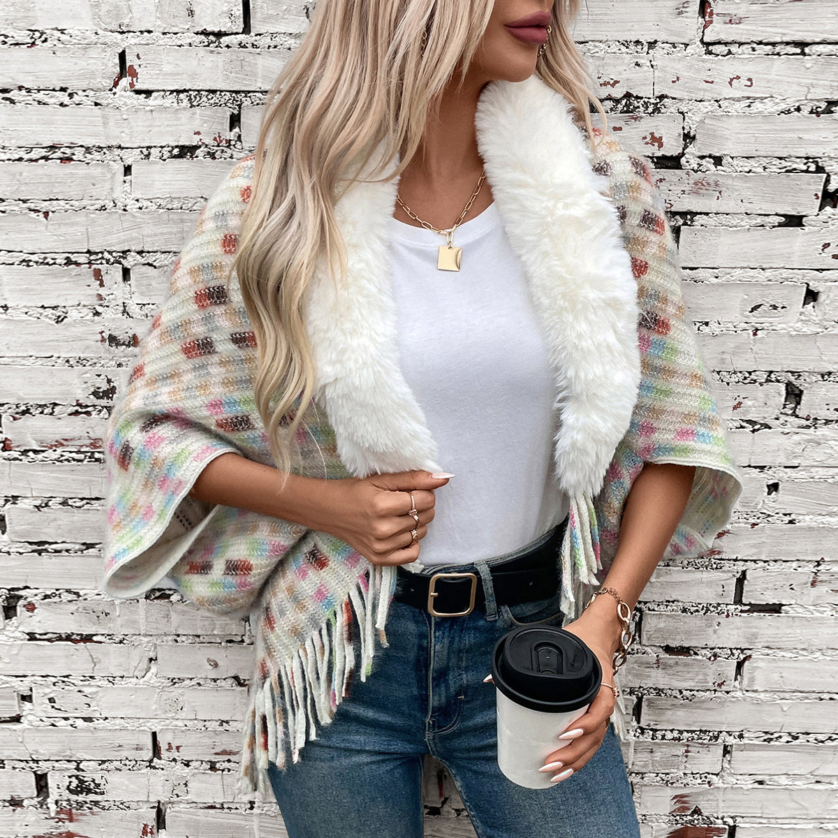 Women's Fur-collar Tassel Fleece-lined Knit Shawl Wrap Evening Outfits Scarf Soft