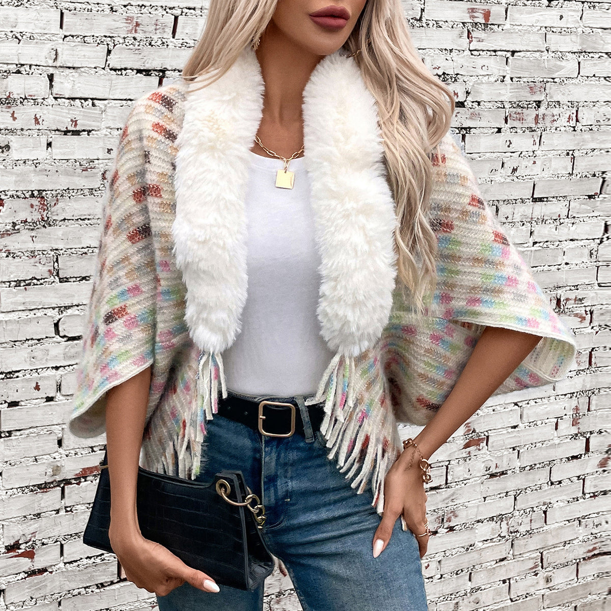 Women's Fur-collar Tassel Fleece-lined Knit Shawl Wrap Evening Outfits Scarf Soft