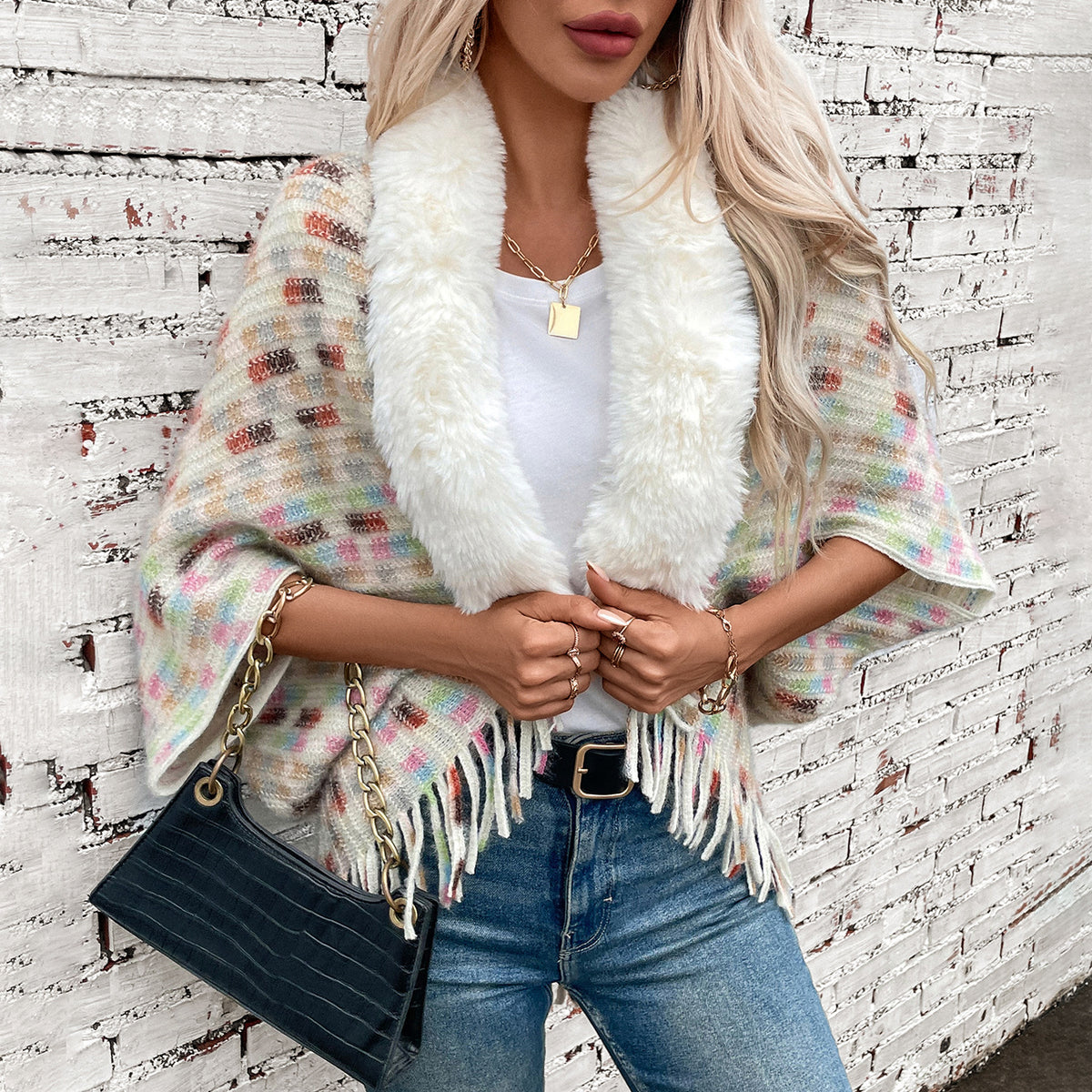 Women's Fur-collar Tassel Fleece-lined Knit Shawl Wrap Evening Outfits Scarf Soft