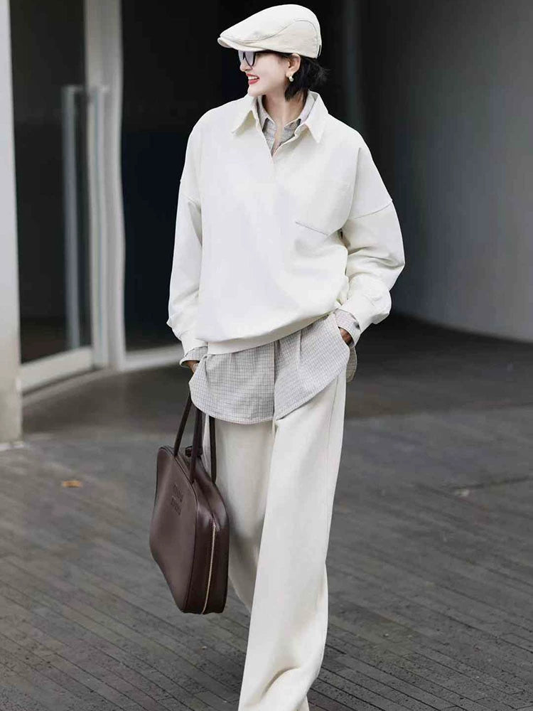 Women's White Lapel Casual Hoodie Sweatshirt for Layering in Spring Streetwear Fall Travel and Weekend Everyday