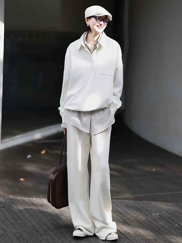 Women's White Lapel Casual Hoodie Sweatshirt for Layering in Spring Streetwear Fall Travel and Weekend Everyday