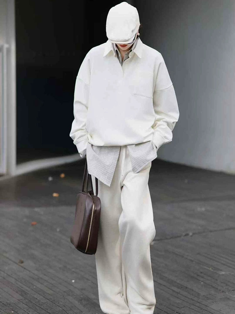 Women's White Lapel Casual Hoodie Sweatshirt for Layering in Spring Streetwear Fall Travel and Weekend Everyday