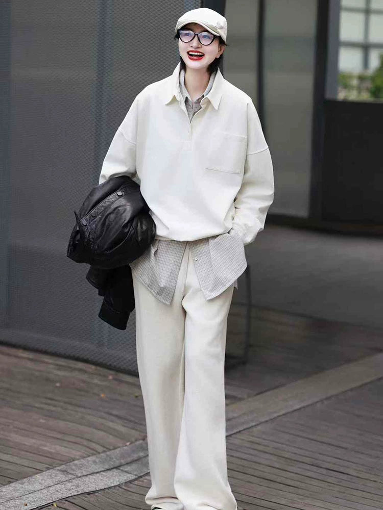Women's White Lapel Casual Hoodie Sweatshirt for Layering in Spring Streetwear Fall Travel and Weekend Everyday