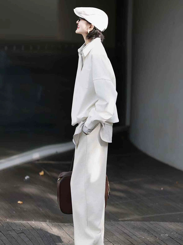 Women's White Lapel Casual Hoodie Sweatshirt for Layering in Spring Streetwear Fall Travel and Weekend Everyday