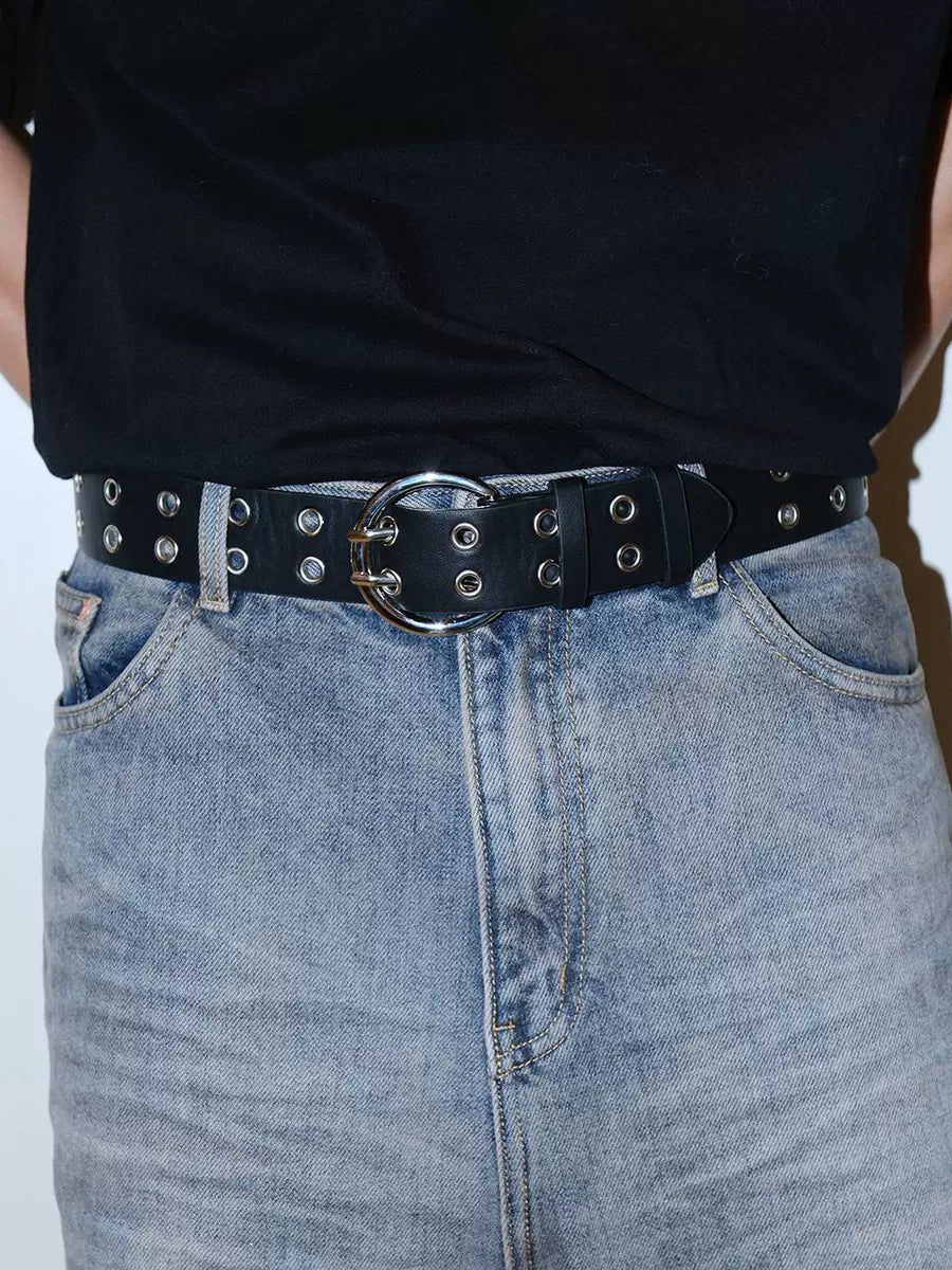 Women's Punk Adjustable Studded Metal Double-breasted No-hole Belt Dark Waist Gift Party Designer