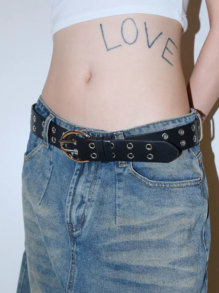 Women's Punk Adjustable Studded Metal Double-breasted No-hole Belt Dark Waist Gift Party Designer
