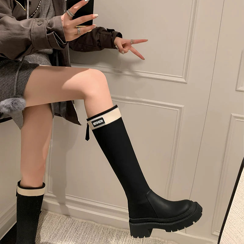 Women's Chunky Sole Petite Lift Tweed-Style Tall Riding Boots for Fall Outfits Streetwear Winter Office and Weekend Everyday Wear