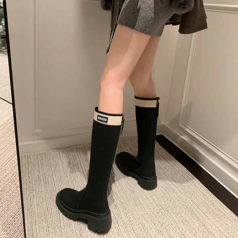 Women's Chunky Sole Petite Lift Tweed-Style Tall Riding Boots for Fall Outfits Streetwear Winter Office and Weekend Everyday Wear