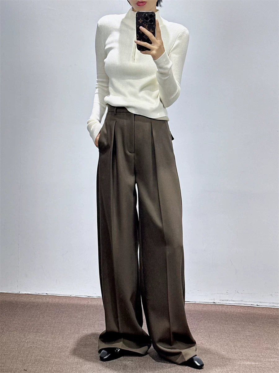 Women's Fall Winter Workwear High-Waist Oversized Quiet-Luxury Wide-Leg Pants for Office Outfits Business Casual Travel Comfort Weekend Everyday