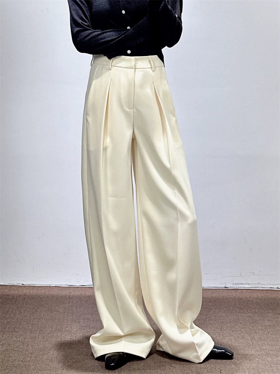 Women's Fall Winter White Draped Workwear High-Waist Oversized Quiet-Luxury Casual Wide-Leg Pants for Office Outfits Business Travel Comfort Weekend Everyday