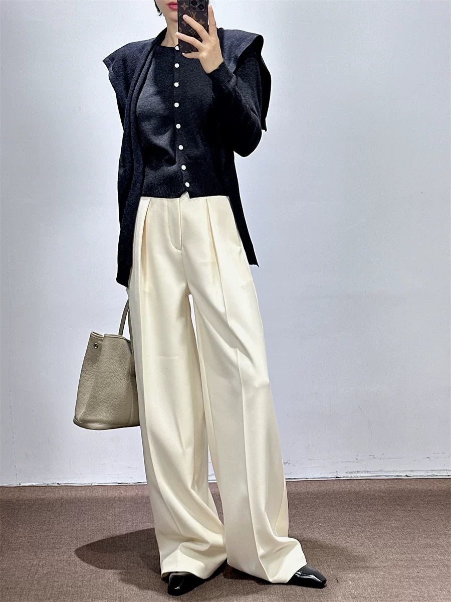 Women's Fall Winter White Draped Workwear High-Waist Oversized Quiet-Luxury Casual Wide-Leg Pants for Office Outfits Business Travel Comfort Weekend Everyday