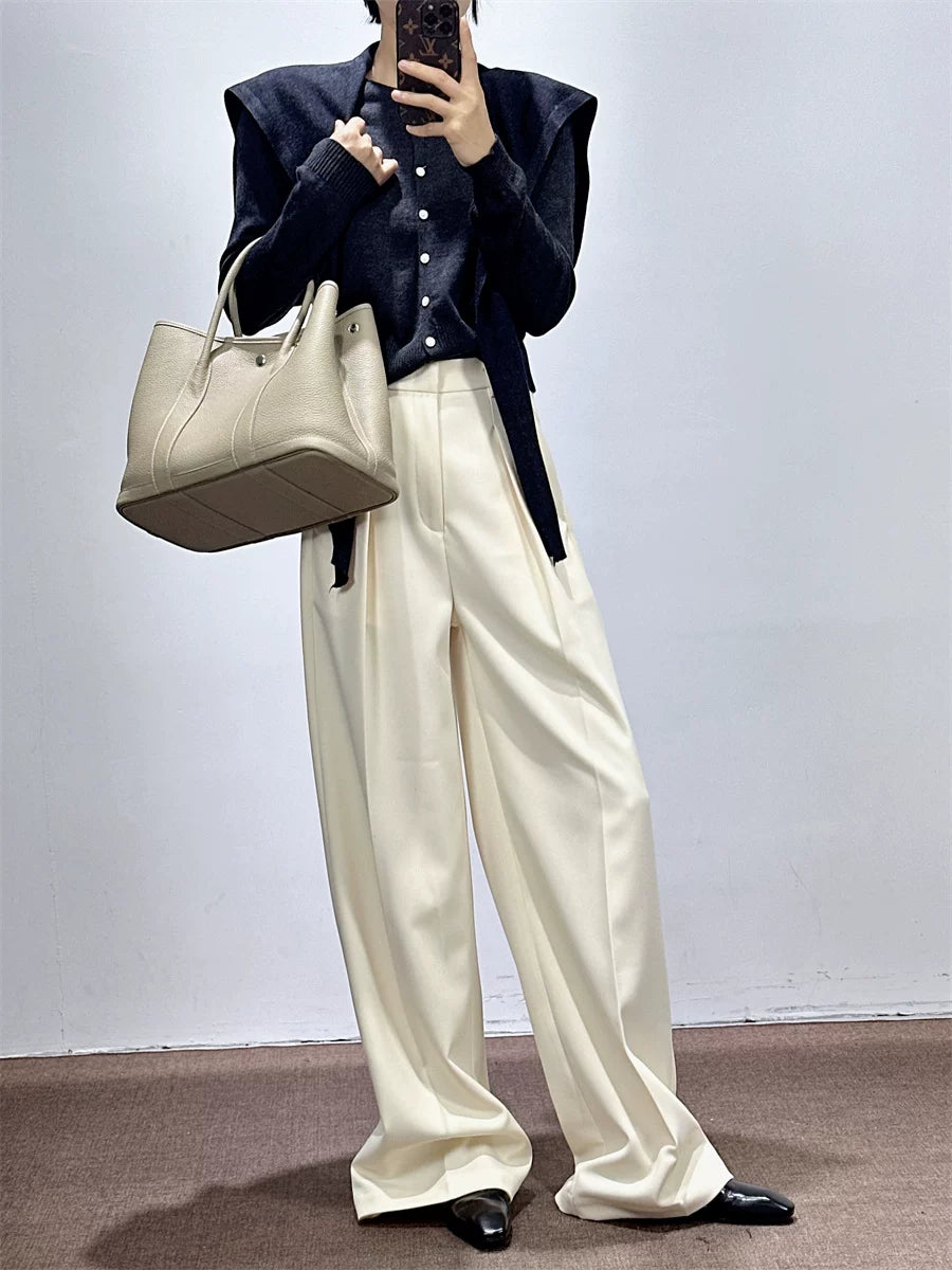 Women's Fall Winter White Draped Workwear High-Waist Oversized Quiet-Luxury Casual Wide-Leg Pants for Office Outfits Business Travel Comfort Weekend Everyday