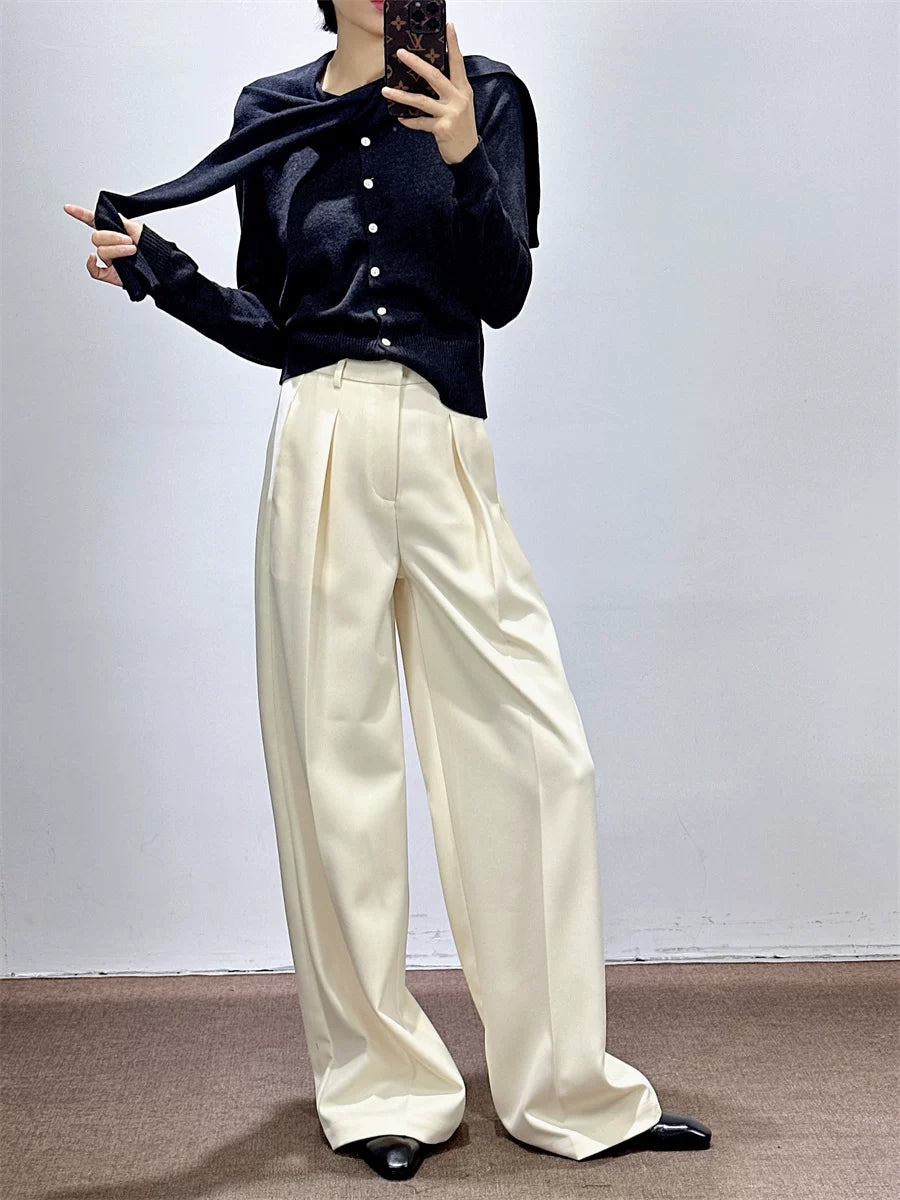 Women's Fall Winter White Draped Workwear High-Waist Oversized Quiet-Luxury Casual Wide-Leg Pants for Office Outfits Business Travel Comfort Weekend Everyday