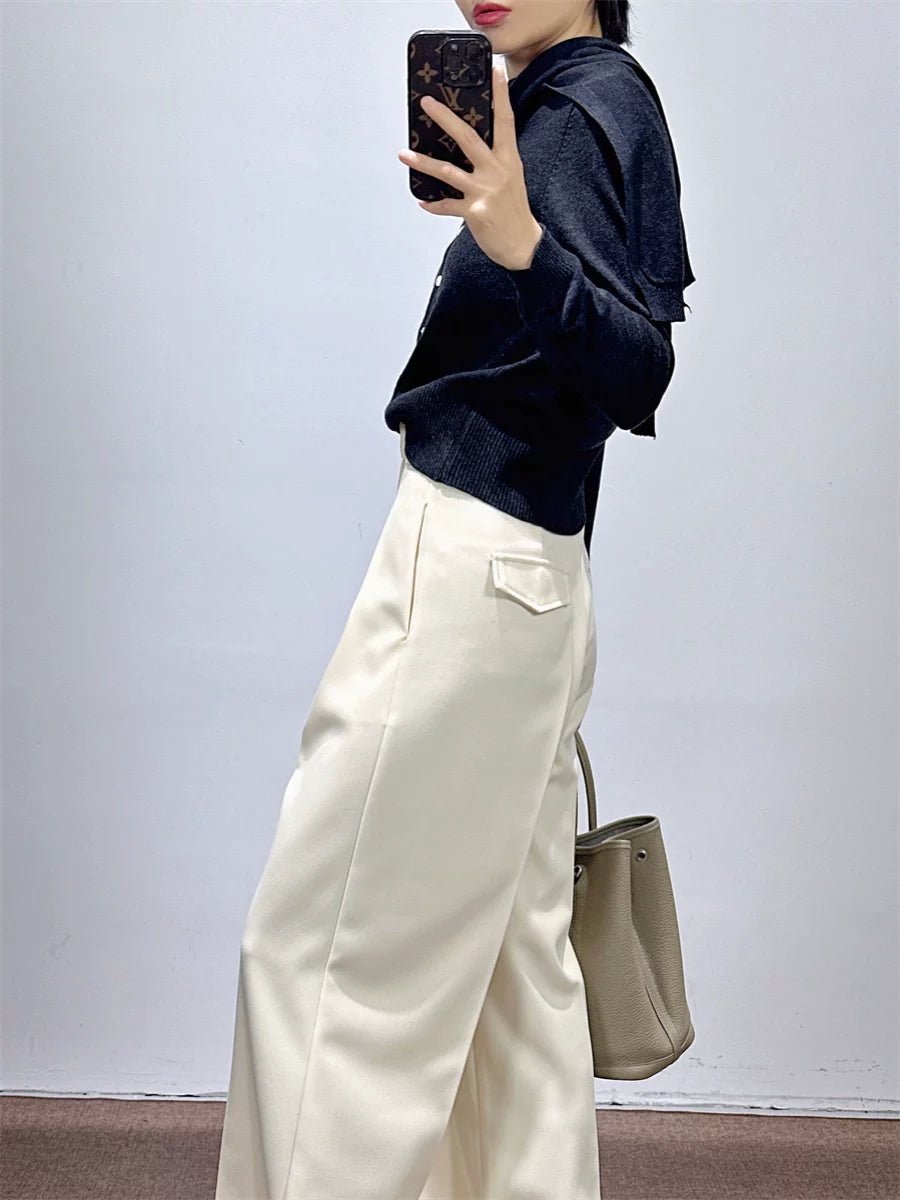 Women's Fall Winter White Draped Workwear High-Waist Oversized Quiet-Luxury Casual Wide-Leg Pants for Office Outfits Business Travel Comfort Weekend Everyday