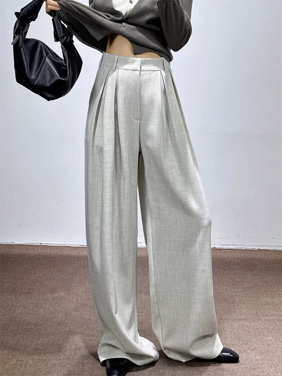 Women's Grey Draped Workwear High-waist Oversized Slim-fit Casual Wide-leg Pants for Office Outfits Business Travel Comfort Slimming Weekend Everyday