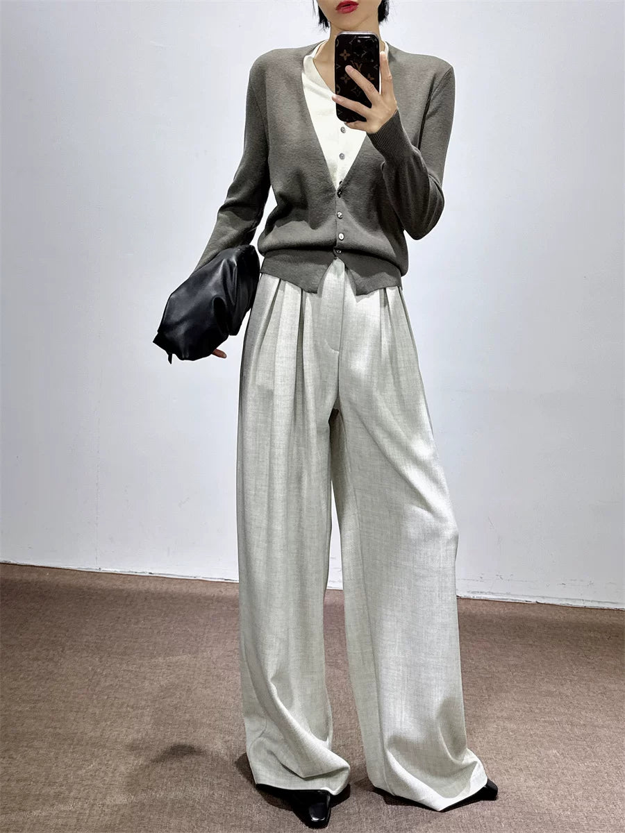 Women's Grey Draped Workwear High-waist Oversized Slim-fit Casual Wide-leg Pants for Office Outfits Business Travel Comfort Slimming Weekend Everyday