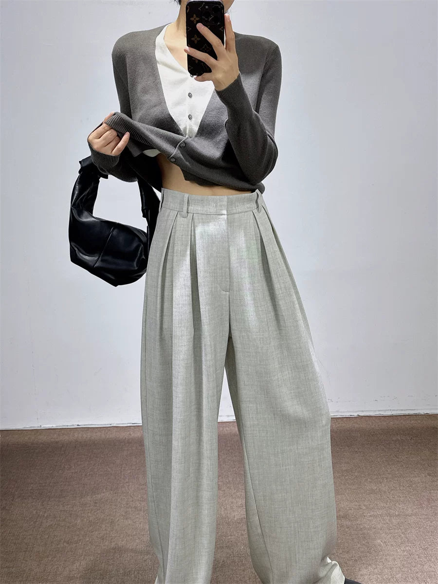 Women's Grey Draped Workwear High-waist Oversized Slim-fit Casual Wide-leg Pants for Office Outfits Business Travel Comfort Slimming Weekend Everyday