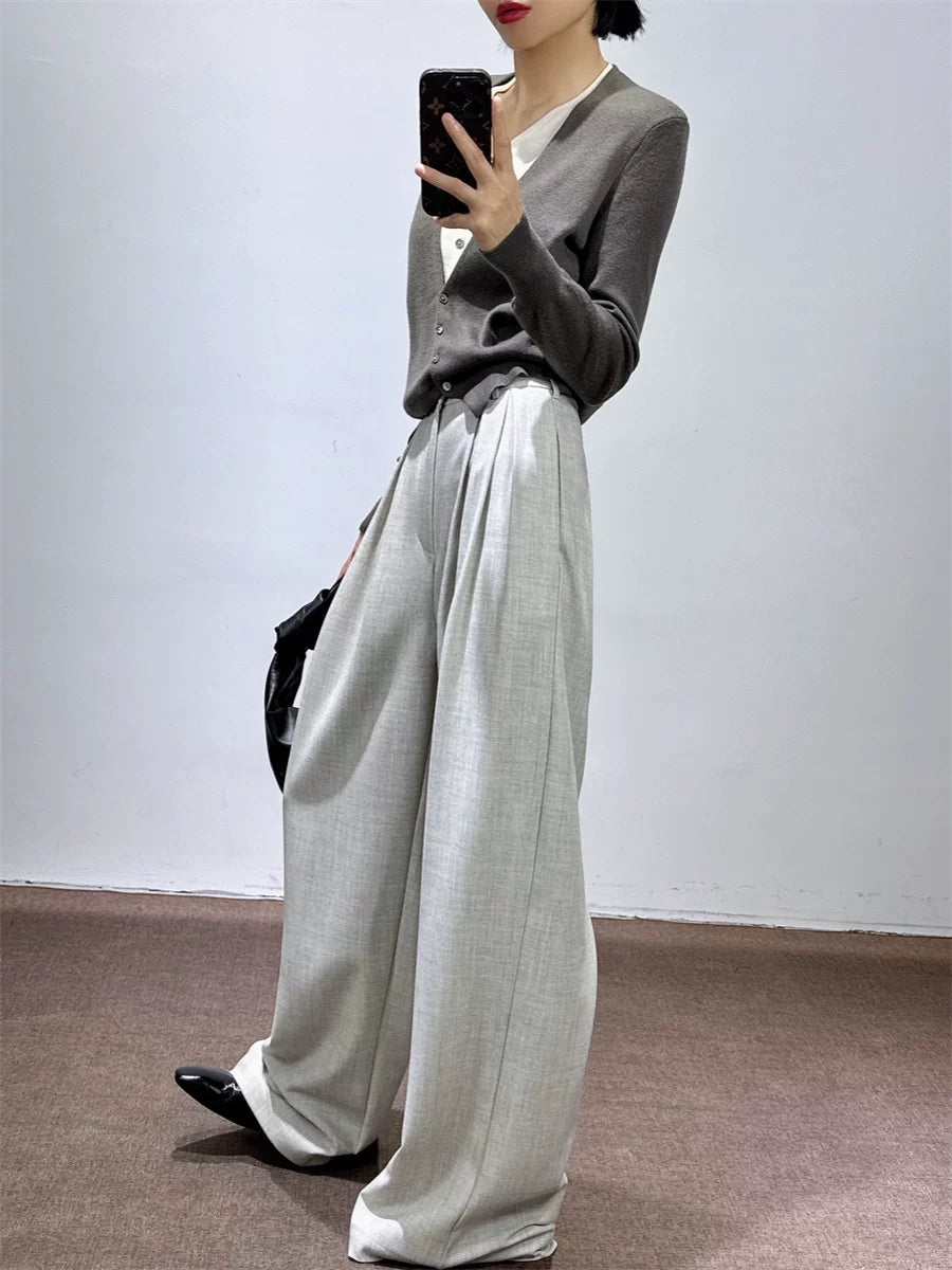 Women's Grey Draped Workwear High-waist Oversized Slim-fit Casual Wide-leg Pants for Office Outfits Business Travel Comfort Slimming Weekend Everyday