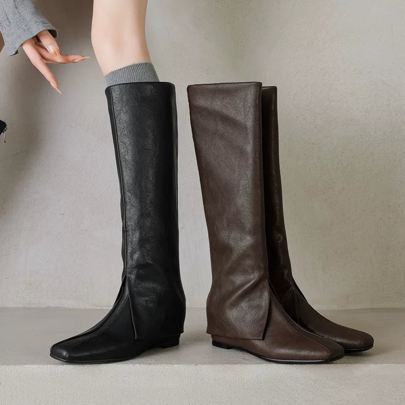 Women's Fall Winter Hidden Lift Square Toe Slim-fit British-style Tube Boots for Office and Weekend Streetwear Everyday Wear Slimming