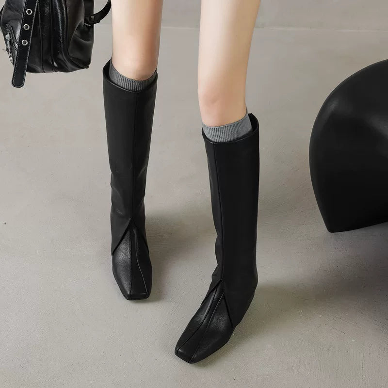 Women's Fall Winter Hidden Lift Square Toe Slim-fit British-style Tube Boots for Office and Weekend Streetwear Everyday Wear Slimming