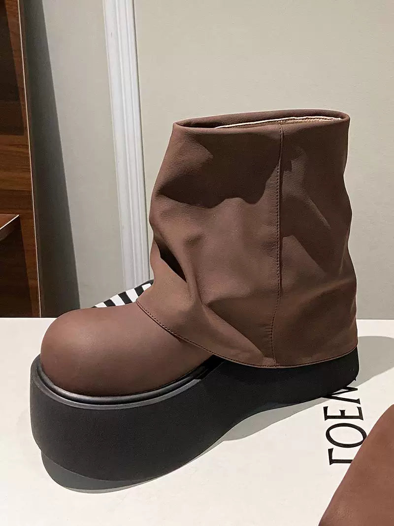 Women's Chunky Sole Leather Wedge Lift Tube Boots for Fall Outfits Streetwear Winter Office and Weekend Everyday Wear