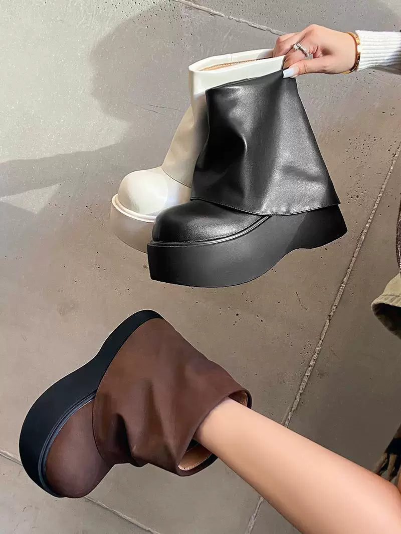 Women's Chunky Sole Leather Wedge Lift Tube Boots for Fall Outfits Streetwear Winter Office and Weekend Everyday Wear