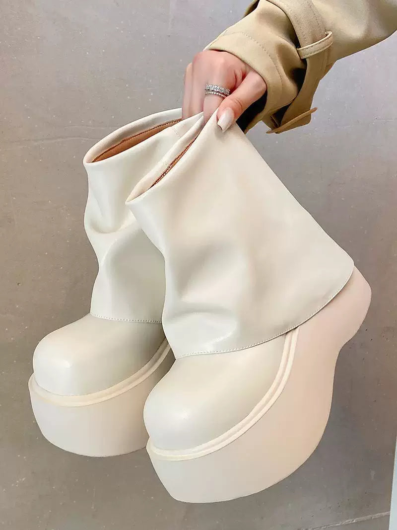Women's Chunky Sole Leather Wedge Lift Tube Boots for Fall Outfits Streetwear Winter Office and Weekend Everyday Wear