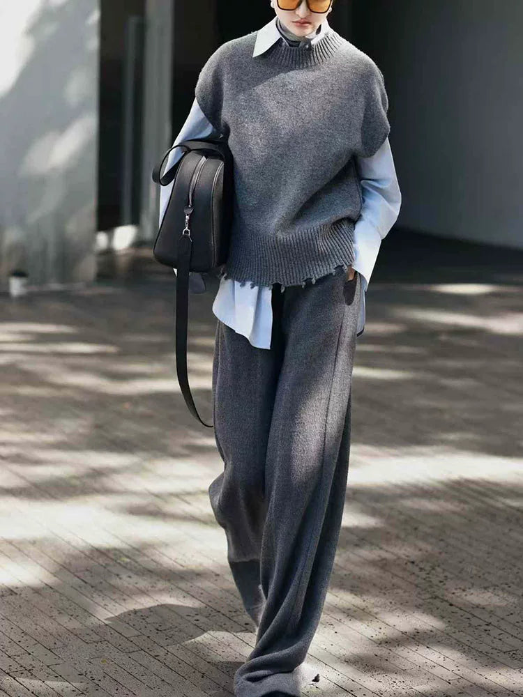 Women's Wool Vest Grey Sleeveless Quiet-Luxury Casual Shirt for Office Outfits Business Streetwear Weekend Everyday