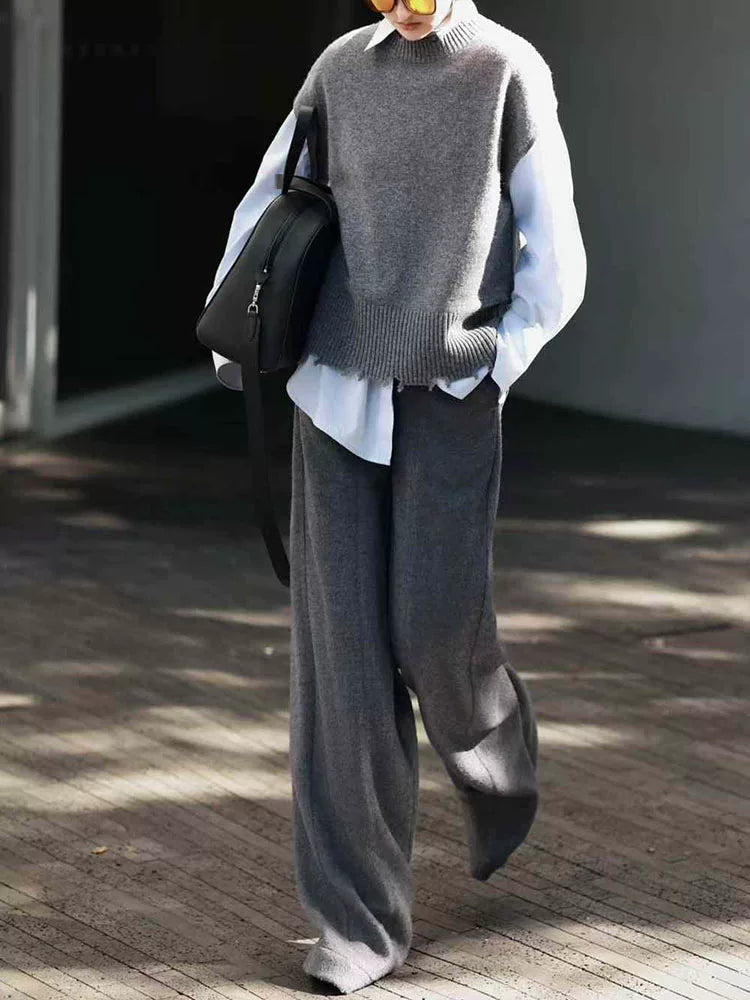 Women's Wool Vest Grey Sleeveless Quiet-Luxury Casual Shirt for Office Outfits Business Streetwear Weekend Everyday