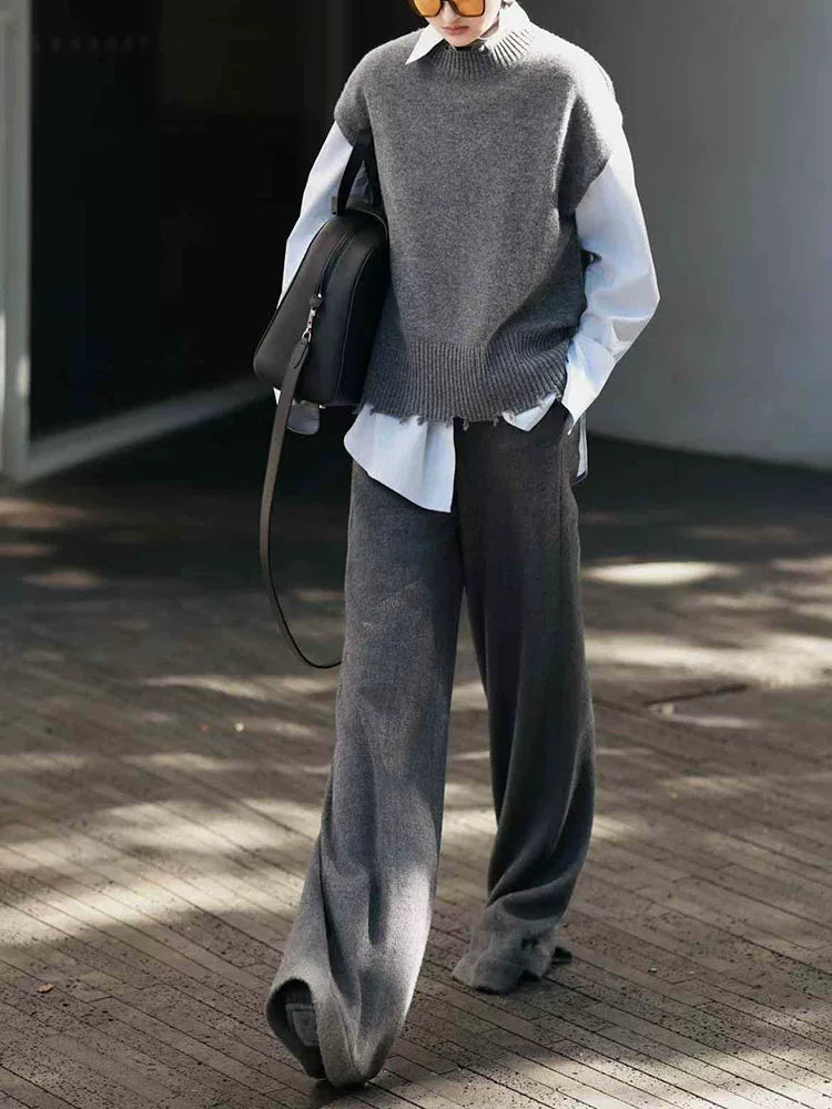 Women's Wool Vest Grey Sleeveless Quiet-Luxury Casual Shirt for Office Outfits Business Streetwear Weekend Everyday