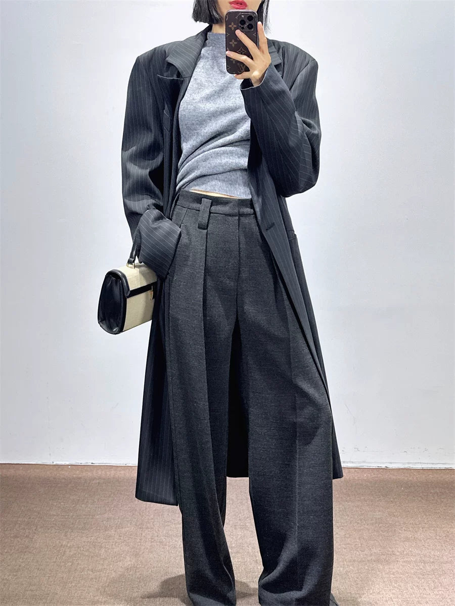 Women's Fall Winter Straight Grey Thickened Workwear High-Waist Fleece-Lined Slim-Fit Casual Coat for Cold Weather Travel Office Spring Holiday
