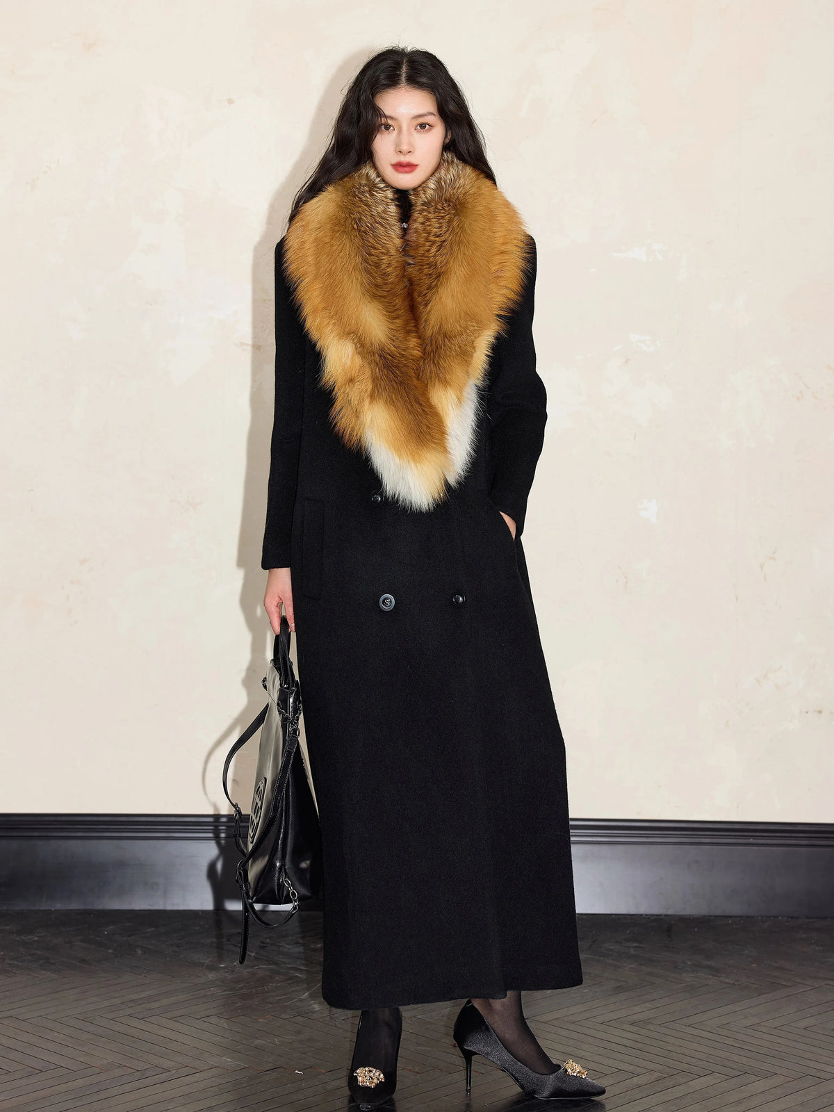 Women's Wool Fur-Collar Black Retro Winter Coat for Fall Layering Travel Office Everyday Wear Holiday Date Night