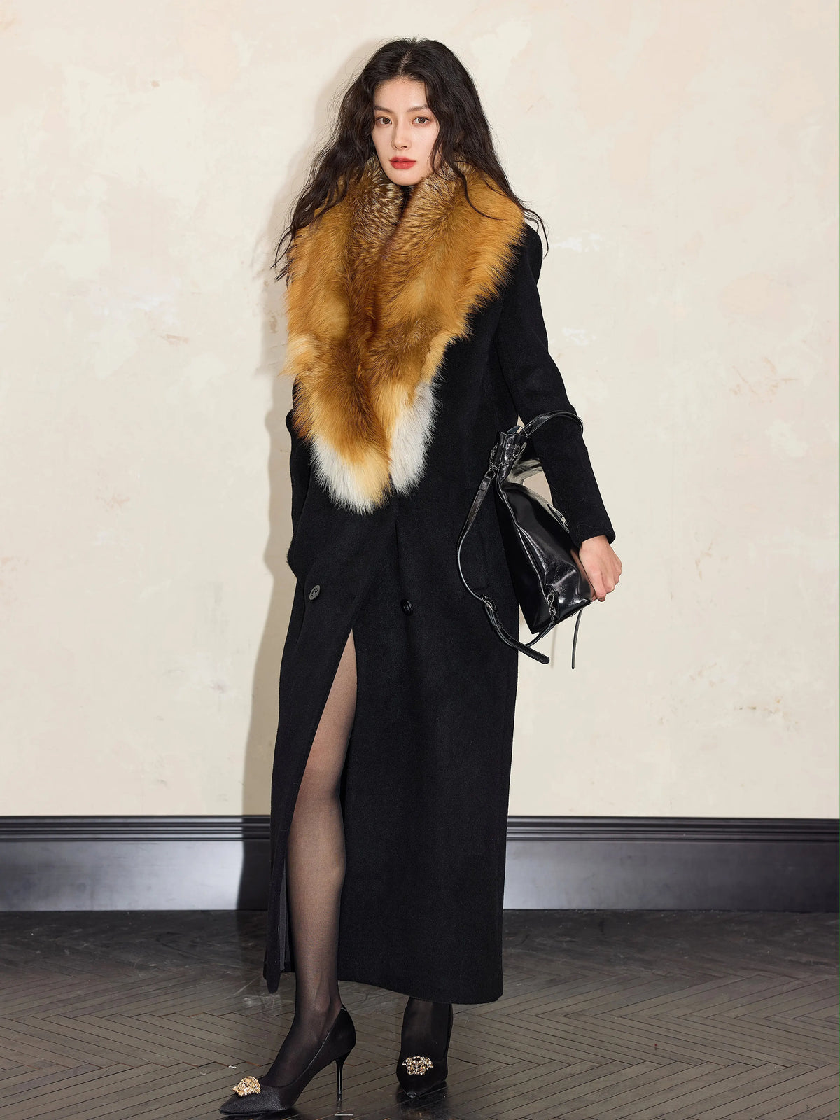 Women's Wool Fur-Collar Black Retro Winter Coat for Fall Layering Travel Office Everyday Wear Holiday Date Night