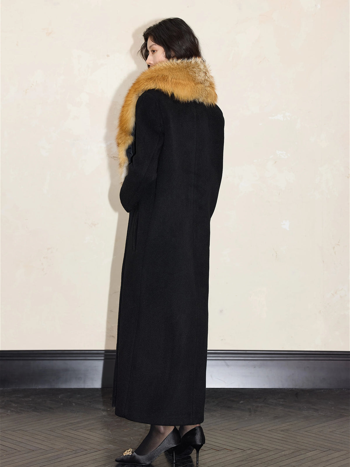 Women's Wool Fur-Collar Black Retro Winter Coat for Fall Layering Travel Office Everyday Wear Holiday Date Night