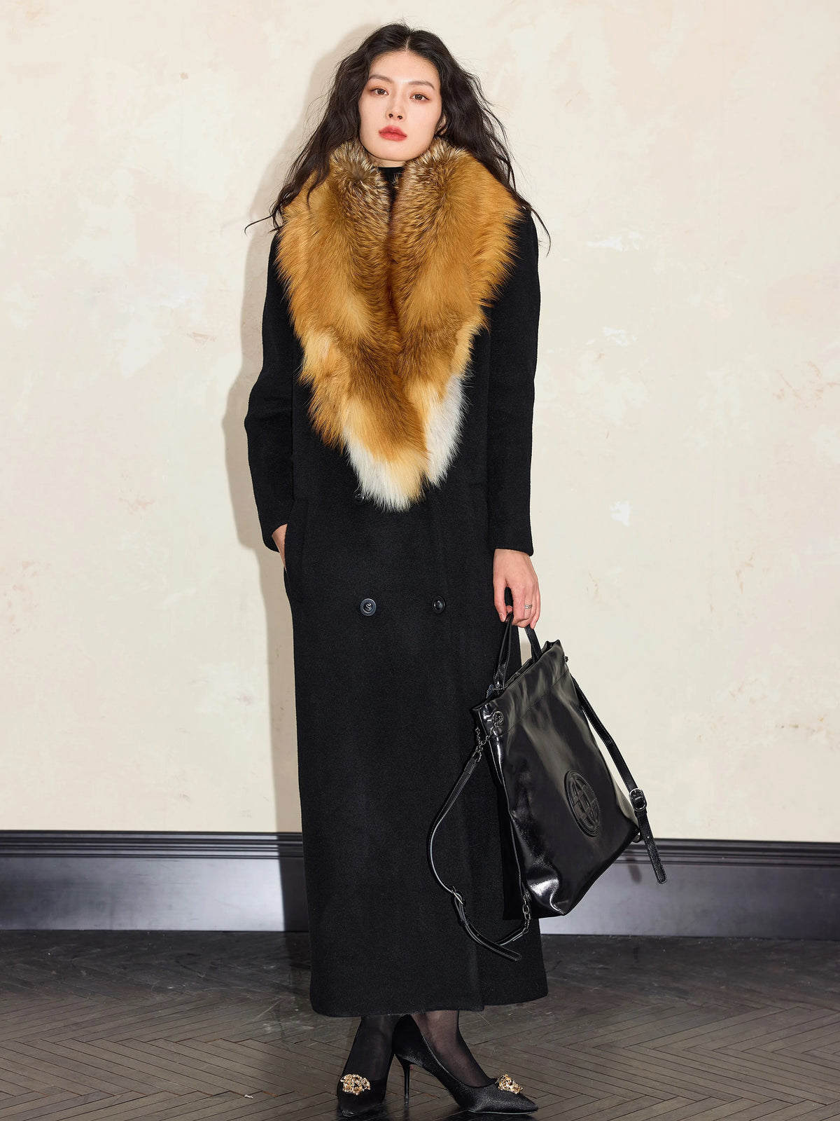 Women's Wool Fur-Collar Black Retro Winter Coat for Fall Layering Travel Office Everyday Wear Holiday Date Night