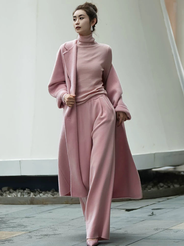 Women's Turtleneck Winter Pink Knit High-Waist Two-Piece Set for Office Workwear Wedding Guest Business Casual Travel Weekend At Home