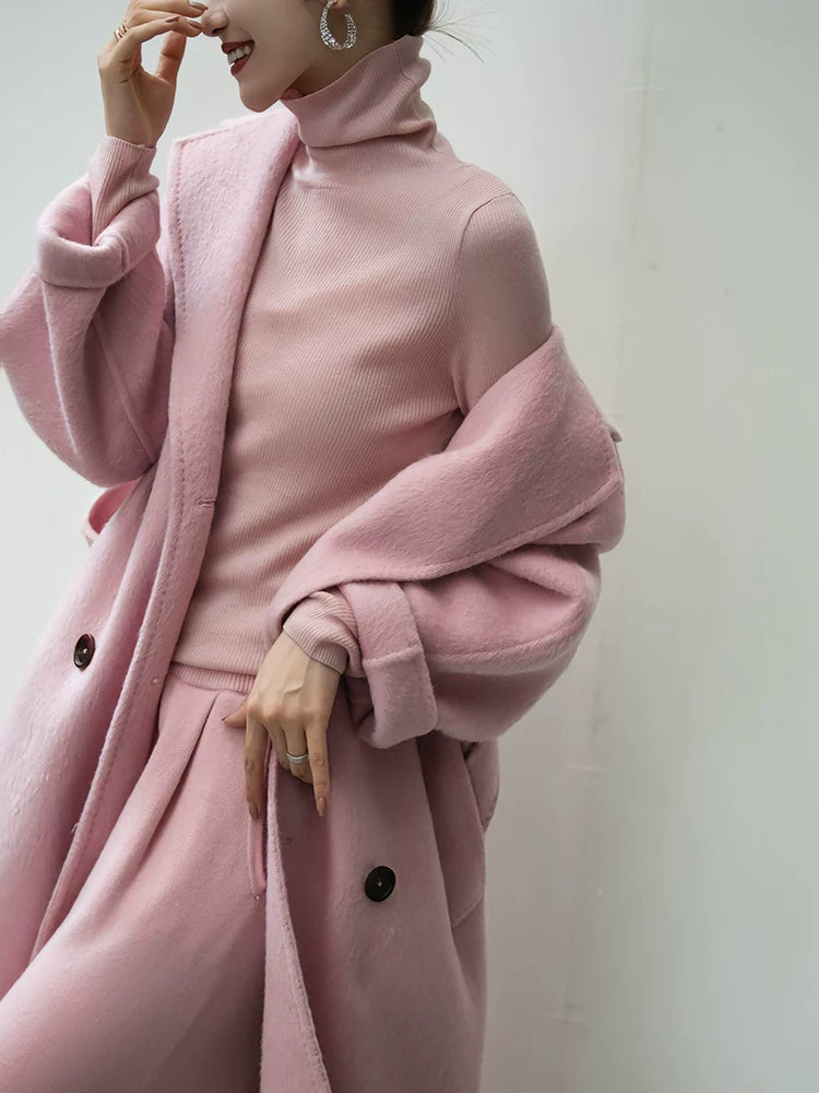 Women's Turtleneck Winter Pink Knit High-Waist Two-Piece Set for Office Workwear Wedding Guest Business Casual Travel Weekend At Home