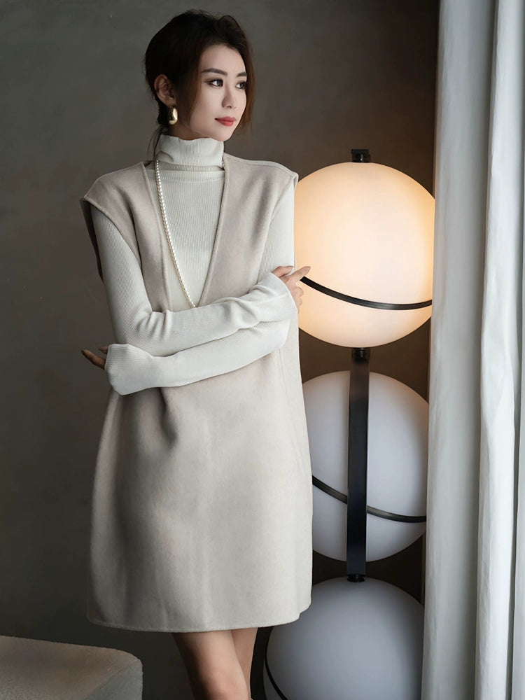 Women's Turtleneck Winter Vest White Apricot Knit Two-Piece Set for Office Workwear Wedding Guest Business Casual Travel Weekend At Home
