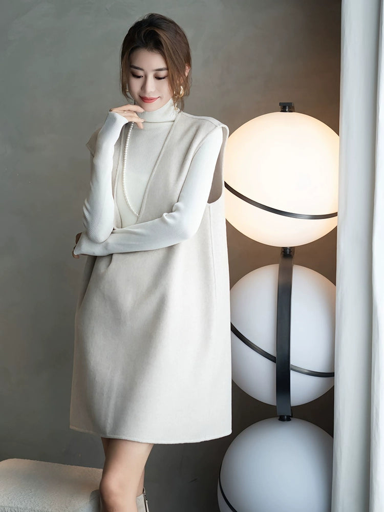 Women's Turtleneck Winter Vest White Apricot Knit Two-Piece Set for Office Workwear Wedding Guest Business Casual Travel Weekend At Home