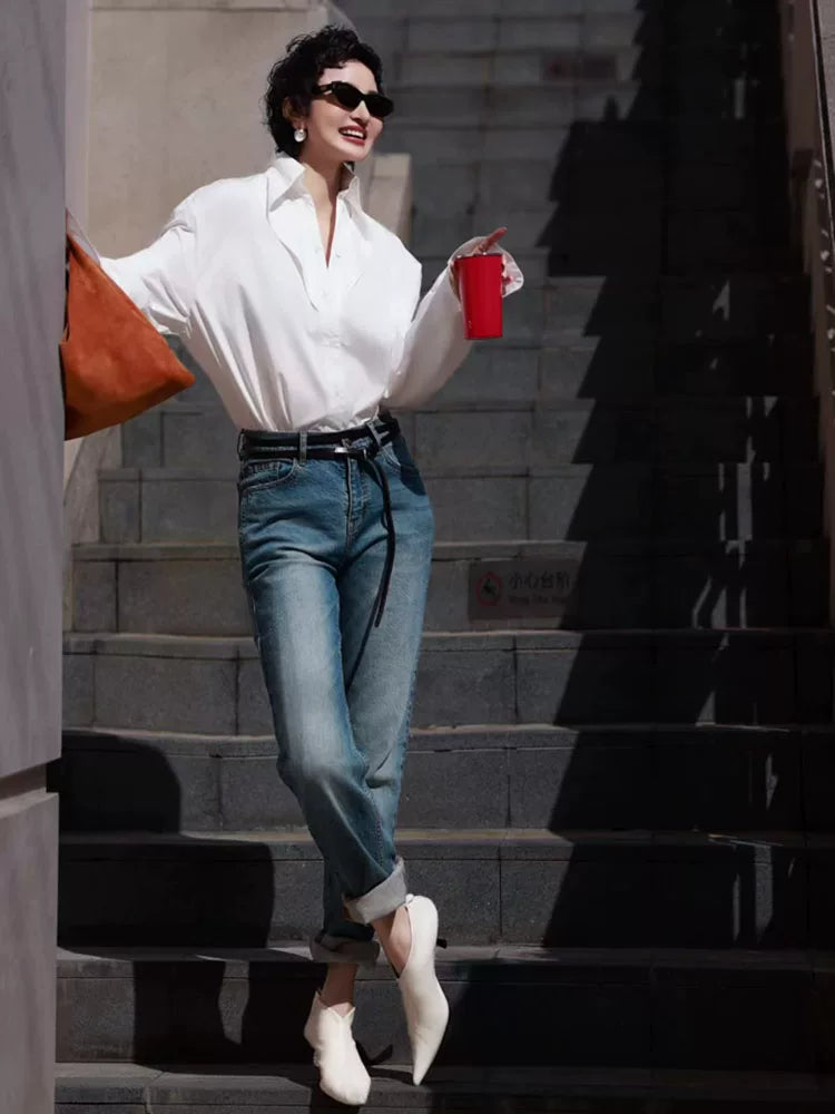 Women's White Office Long Sleeve Workwear Shirt for Casual Streetwear Business Weekend Everyday Date Night