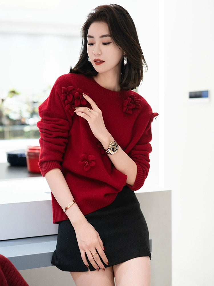 Women's Floral Sweater Knit Pullover Top for Fall Winter Spring Travel Office Everyday Date Night