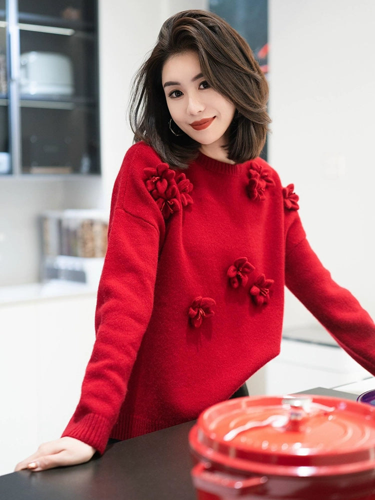 Women's Floral Sweater Knit Pullover Top for Fall Winter Spring Travel Office Everyday Date Night