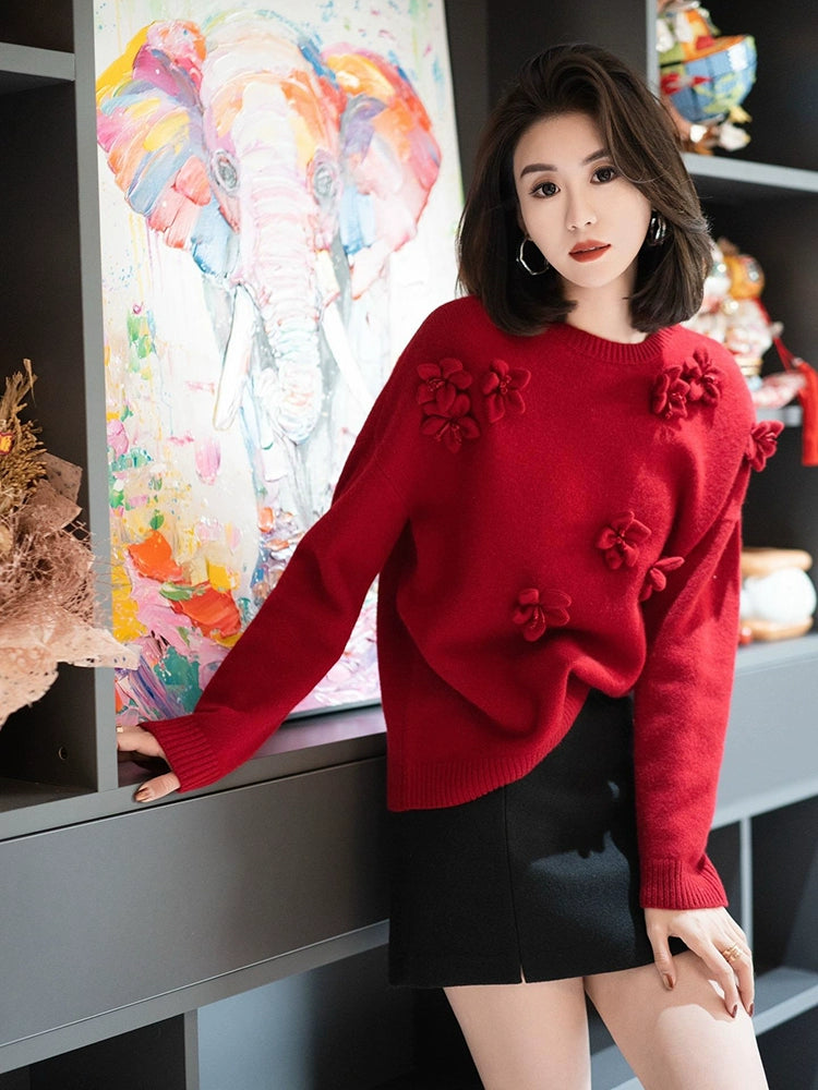 Women's Floral Sweater Knit Pullover Top for Fall Winter Spring Travel Office Everyday Date Night