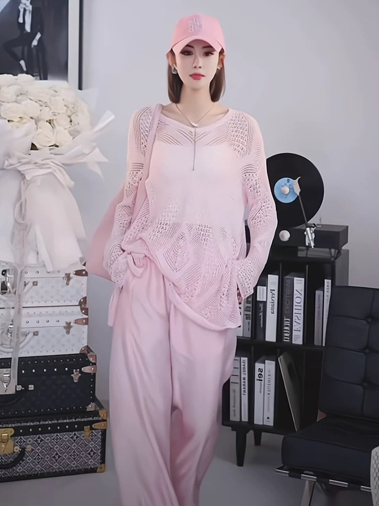 Women's Pink Long Sleeve Cutout Top Fashion Blouse Shirt for Office Outfits Business Casual Streetwear Weekend Everyday